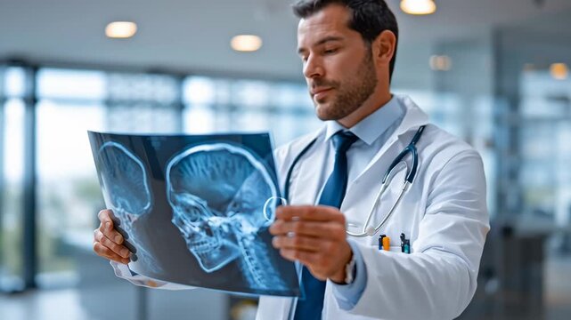 Doctor examining brain X-ray image in hospital, medical professional analyzing cranial radiograph, neurology diagnosis, healthcare concept, skull X-ray scan, modern medical technology