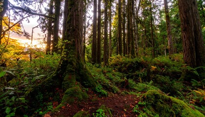 Fototapeta premium Sunlit forest scene with moss-covered trees and undergrowth