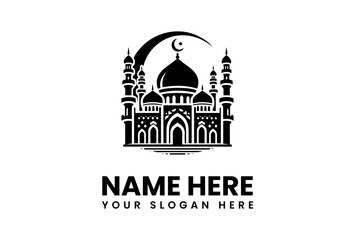 Detailed Black Mosque Silhouette with Crescent Moon and Star Symbol.