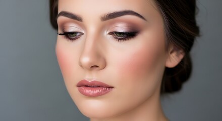 Closeup portrait of a beautiful woman with professional makeup, her skin is glowing and her hair is styled in an elegant updo for a special event, looking down