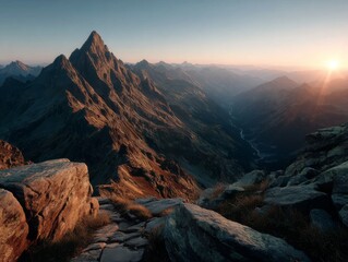 Fototapeta premium Dramatic mountain range at sunset, with sharp peaks casting long shadows into the valley below, illuminated by warm golden light