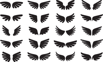 A collection of various stylized wing designs, including feathered angel wings and abstract birdlike shapes,  representing concepts of flight, freedom, and divinit