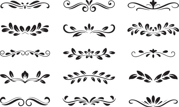 Set of ornate vintage floral and leaf decorative elements featuring swirls and scrolls, ideal for use as dividers, borders, and design accents,  vector art bundle