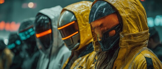Obraz premium Futuristic figures in vibrant hooded jackets stand together, showcasing unique helmets with glowing elements. atmosphere is charged with anticipation, perfect for thrilling Halloween event
