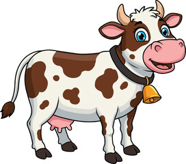 Cute cartoon cow with brown spots, blue eyes, bell collar, smiling farm animal illustration, dairy livestock, happy cartoon cow