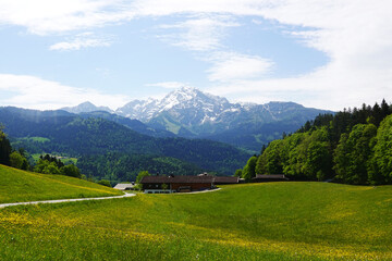 The panorama of Hoher Goell and Jenner mountains opening from Oberau village, Berchtesgaden, Germany 