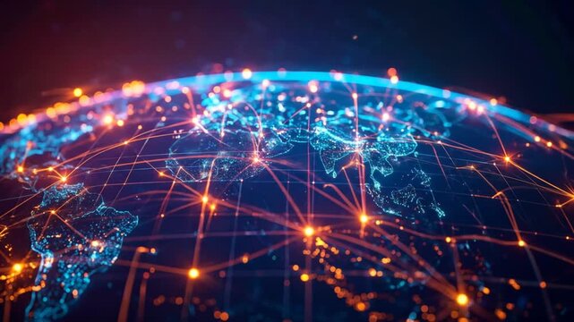 Glowing blue and orange globe with connected lines, representing global networks and data flow. Dark background enhances the illuminated aesthetic