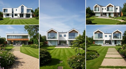 Minimalist uk houses featuring beautiful landscaping, under a clear blue sky.