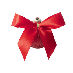 Red shiny balloon with satin bow isolated on white background. Decorative element for Christmas and New Year composition