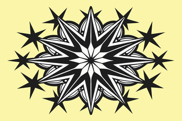 Obraz premium Black and white geometric snowflake mandala on yellow background