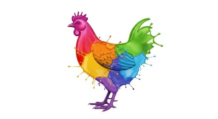 Splashing multicolored rainbow paint shaped like a chicken on a solid white background