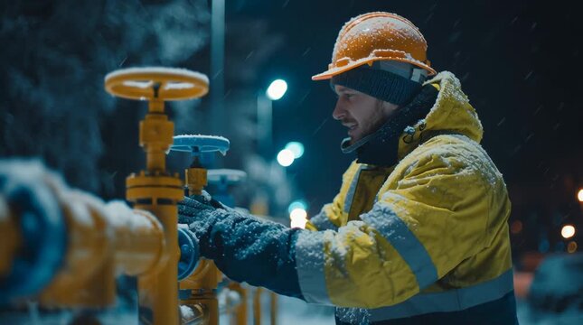 Gas maintenance worker in yellow safety jacket operating outdoor pipeline valves on snowy winter night