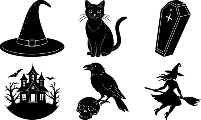 Halloween vector silhouette set with spooky icons and elements. Collection of halloween vectors