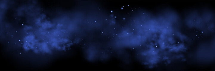 Blue space realistic nebula smoke background. Abstract fog texture and shining stars. Magic colorful galaxy with stardust. Abstract vector illustration © Elena