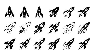 Rocket icon set, vector rocket silhouette, startup symbol, space shuttle, spaceship launch futuristic design, black and white rocket outline and filled isolated, technology, innovation, aerospace
