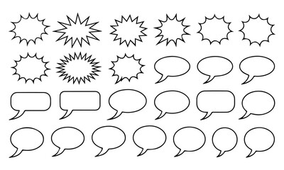 Comic burst, speech bubble, and text box silhouettes in vector style. essential graphic elements set for comic design, pop art, dialog highlights, and creative retro style storytelling