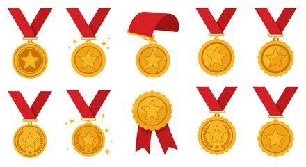 Gold medal collection with red ribbons and star emblems