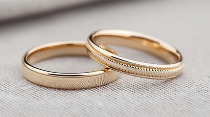 Matching yellow gold wedding bands with intricate milgrain details, isolated on a matte gray surface