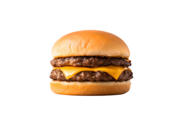 Delicious juicy double cheeseburger with grilled beef patties and melted cheddar cheese, isolated on a clean white background for ultimate culinary appeal.