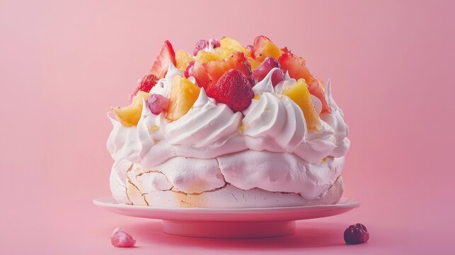 Delicious homemade pavlova dessert topped with fresh sliced strawberries peaches and raspberries on a pink background for sweet treat and celebration