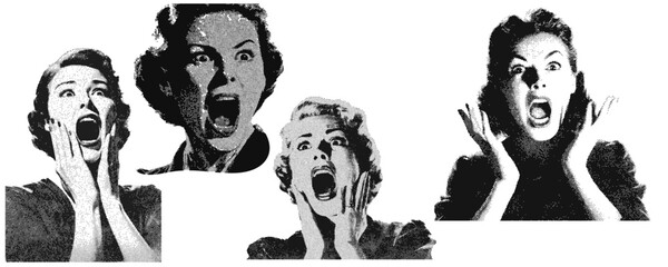 Set of vintage 1950s women screaming in fear, halloween horror halftone grunge vector design elements
