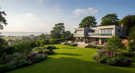 Obraz premium Elegant elegant uk houses featuring artistic elements, under a clear blue sky villa perfect for modern living