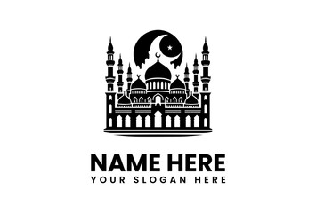 Majestic Mosque Silhouette Under Crescent Moon and Star.