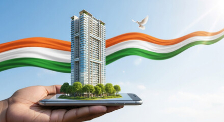 Hand holding phone with building and indian flag background