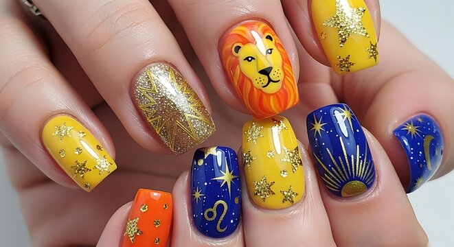 A hand showcasing creative nail art with leo zodiac signs, stars, and a lion design, blending beauty, fashion, and astrological themes for cosmetic and salon inspiration