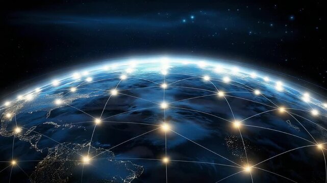 Global digital network lights on Earth from space animation video. Glowing connections across continents animated footage clip seamless HD motion graphics. Connectivity concept