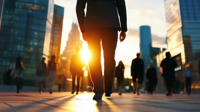 Back view man in suit walking toward sunset in business district animation video. Warm light and silhouettes, skyscrapers animated footage clip seamless HD motion. Urban ambition concept