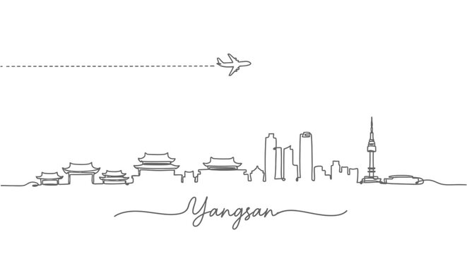 Yangsan Skyline Line Art with Plane, and Travel.