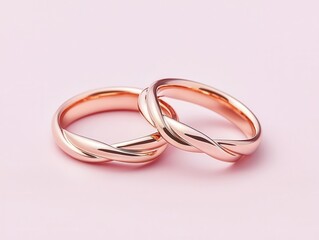 Fototapeta premium Matching rose gold wedding bands with twisted designs, isolated on a soft blush pink surface