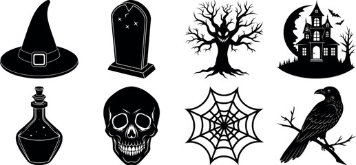 Halloween vector silhouette set with spooky icons and elements. Collection of halloween vectors