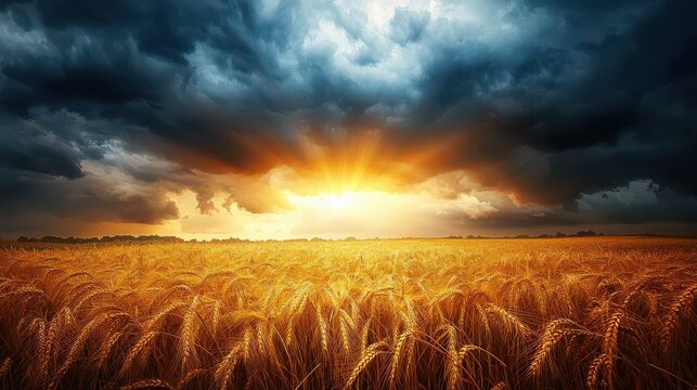 Majestic stormy sky over English countryside with dramatic clouds and sunlight breaking through, illuminating lush fields and landscape - Powered by Adobe