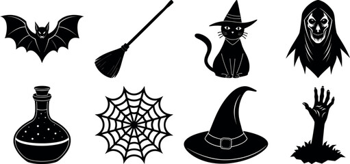 Halloween vector silhouette set with spooky icons and elements. Collection of halloween vectors