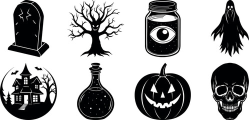 Halloween vector silhouette set with spooky icons and elements. Collection of halloween vectors