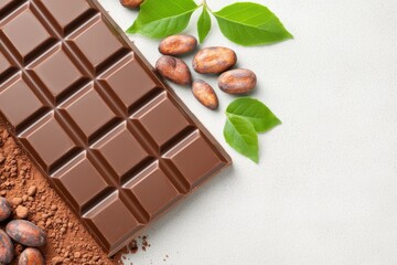 Milk chocolate bar resting near cocoa beans, powder, and green leaves, displaying rich chocolate ingredients on pristine white surface