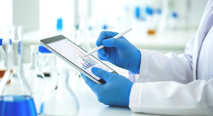 Scientist analyzing data on a tablet with a stylus in a laboratory setting with beakers and flasks