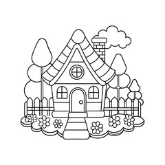 Fototapeta premium Vector art of whimsical line art drawing of a fairy tale cottage with garden, isolated on white background