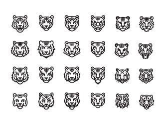 Tiger head icon set, Tiger head set, Cat head minimal, Tiger face icon silhouette Icon bundle, Roaring tiger head on white background