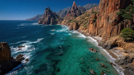 Coastal vista of turquoise water, dramatic red cliffs, and a sandy beach