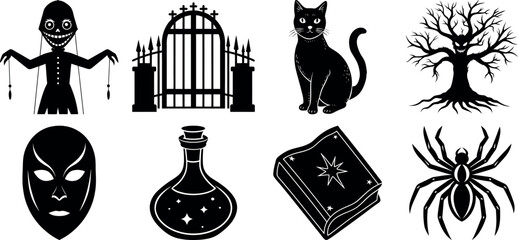 Halloween vector silhouette set with spooky icons and elements. Collection of halloween vectors