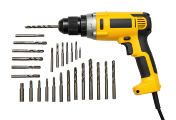 Powerful drill action with various bits workshop setting tool professional environment diy concept. Cut out png