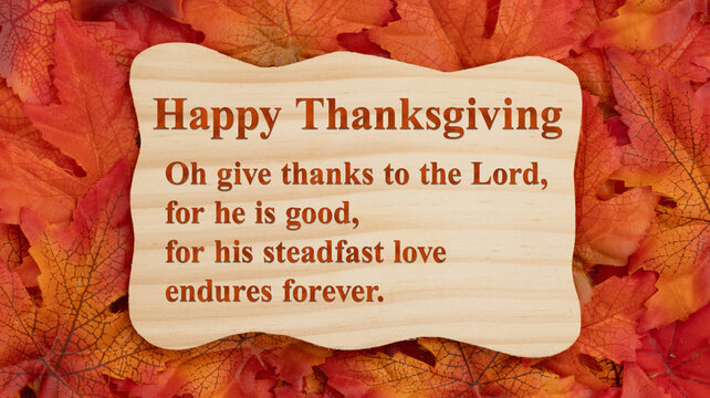 Happy Thanksgiving card with blessing verse saying with fall leaves