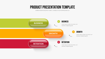 Service Introduction 3 Element Infographic Slideshow Layout. Market Report Three Option Diagram Slide Design. Modern Innovation Frame Template Vector Illustration.