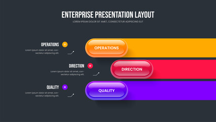 Obraz premium Company Planning Three Element Diagram Slideshow Template. Marketing Portfolio Frame Layout Vector Illustration. Consulting Briefing 3 Option Infographic Presentation Design.