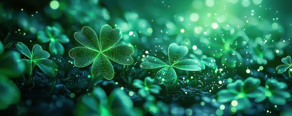 Glowing green shamrocks on a vibrant background capturing the essence of St. Patrick's Day magic with sparkling lights