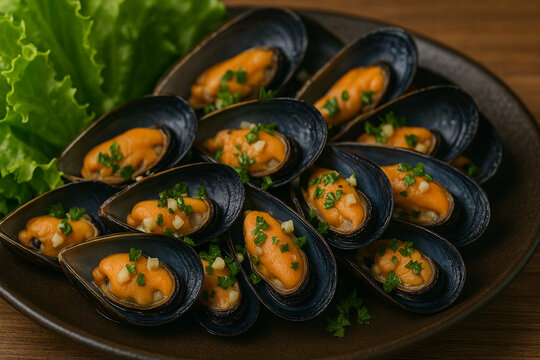 Steamed mussels served on dark plate with garlic, parsley, and lettuce garnish, fresh seafood appetizer close-up