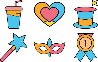 Colorful Cartoon Icons for Party Celebrations and Entertainment with a Drink Heart Wand Hat Mask and Award Symbolizing Fun and Festive Occasions Perfect for Graphic Design Projects